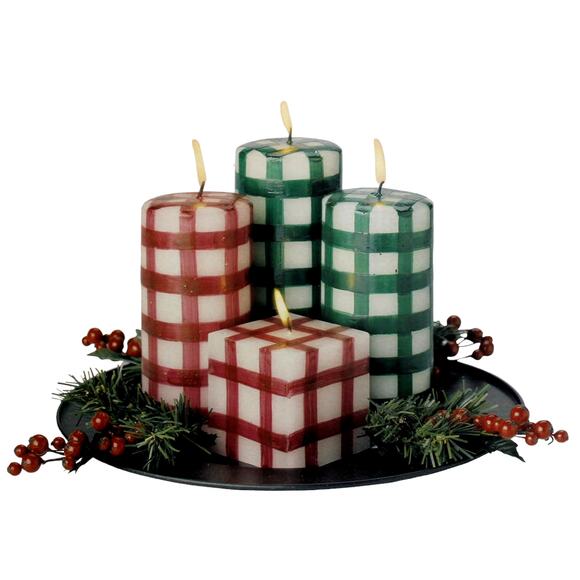 4 Holiday Candles Décor Sears Whole Home • Red & Green Plaid • On Tray • Holly - Picture 1 of 10